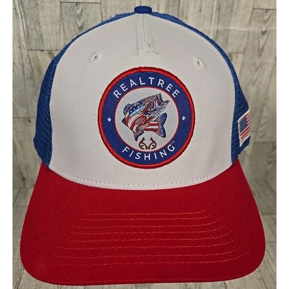 Real Tree Snapback Hat Fishing USA Flag Red Blue Mesh White Cap NEW